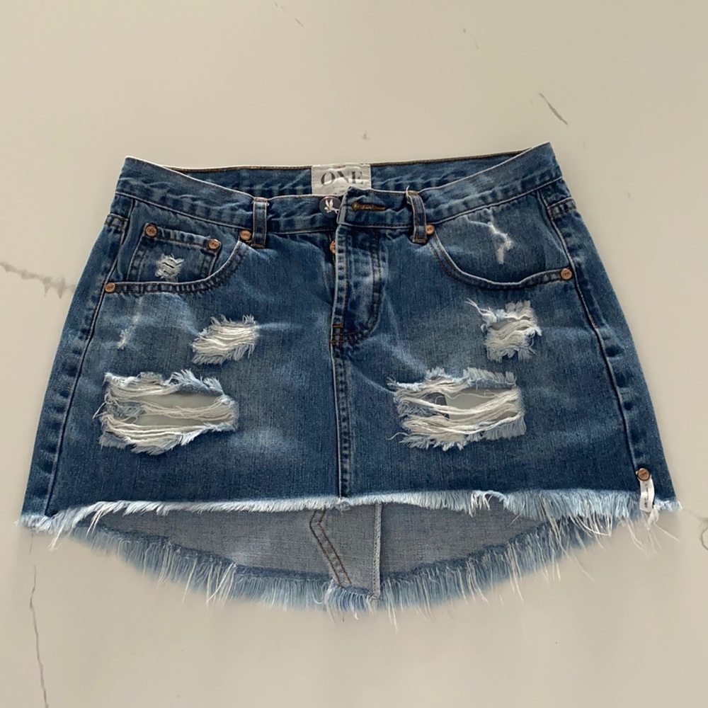 One Teaspoon Distressed Blue Denim Mini Skirt